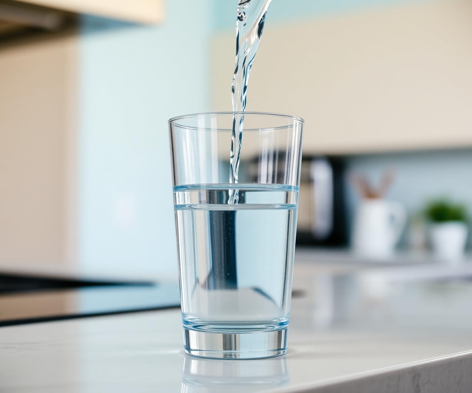 Acqua pura versata in un bicchiere su piano cucina
